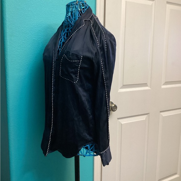 💥PRICE DROP💥 Hahn Pickstitch Silk Satin Pajama Shirt, Navy/White - Picture 4 of 8